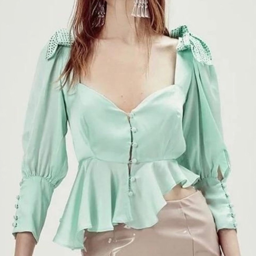 For Love And Lemons - Green Asymmetrical Rhinestone Bow Long Sleeve Crop Top